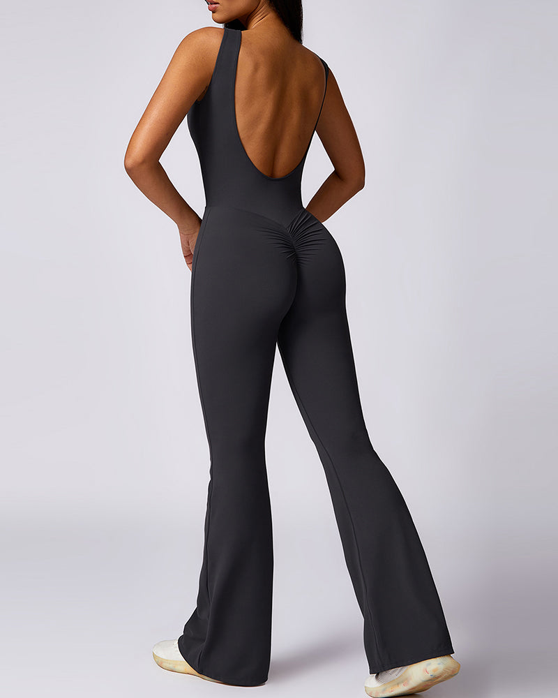 Women Hips Lift Wide Leg Fitness Back Yoga Jumpsuit Black Gray Purple Brown S-XL