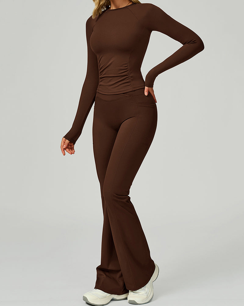 Women GYM Long Sleeve Slim T-shirt Running Wide Leg Pants Yoga Two-piece Sets S-XL