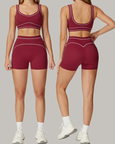 Women Colorblock U Neck Bra Shorts Fitness Yoga Two-piece Sets S-XL