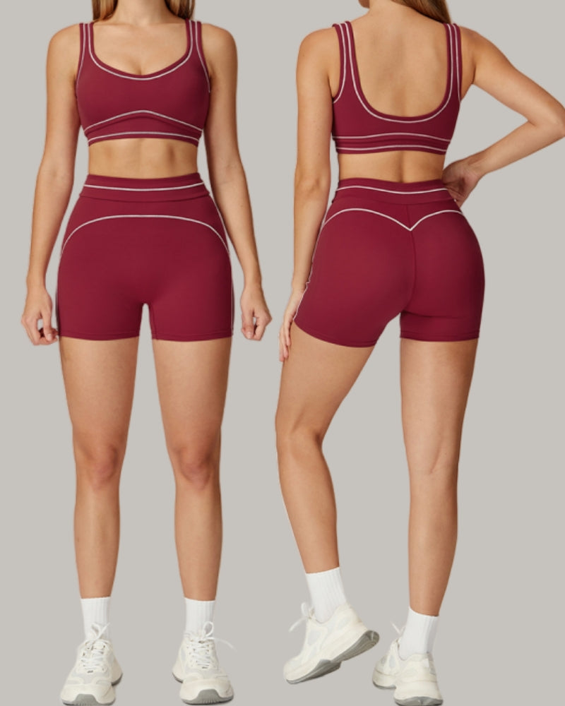 Women Colorblock U Neck Bra Shorts Fitness Yoga Two-piece Sets S-XL