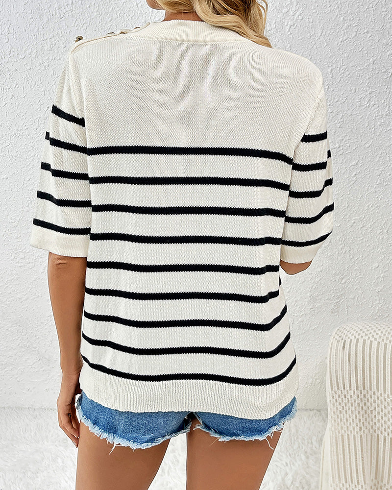 Buttoned Pullover Striped Fashionable Round Neck Short-Sleeved Women&