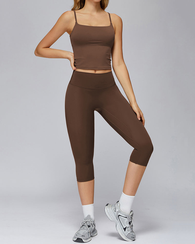 Women Sling Vest Capri Leggings Yoga Two-piece Sets S-XL