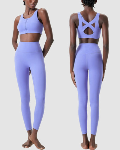 Zipper Front Sports Bra High Waist Pants Yoga Two-piece Sets S-XL