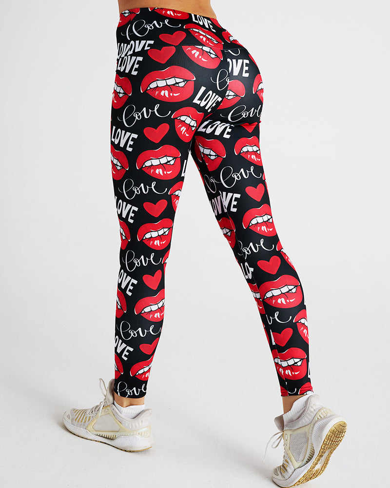 Love Sexy Lips Print Sports Women Pants Red S-2XL