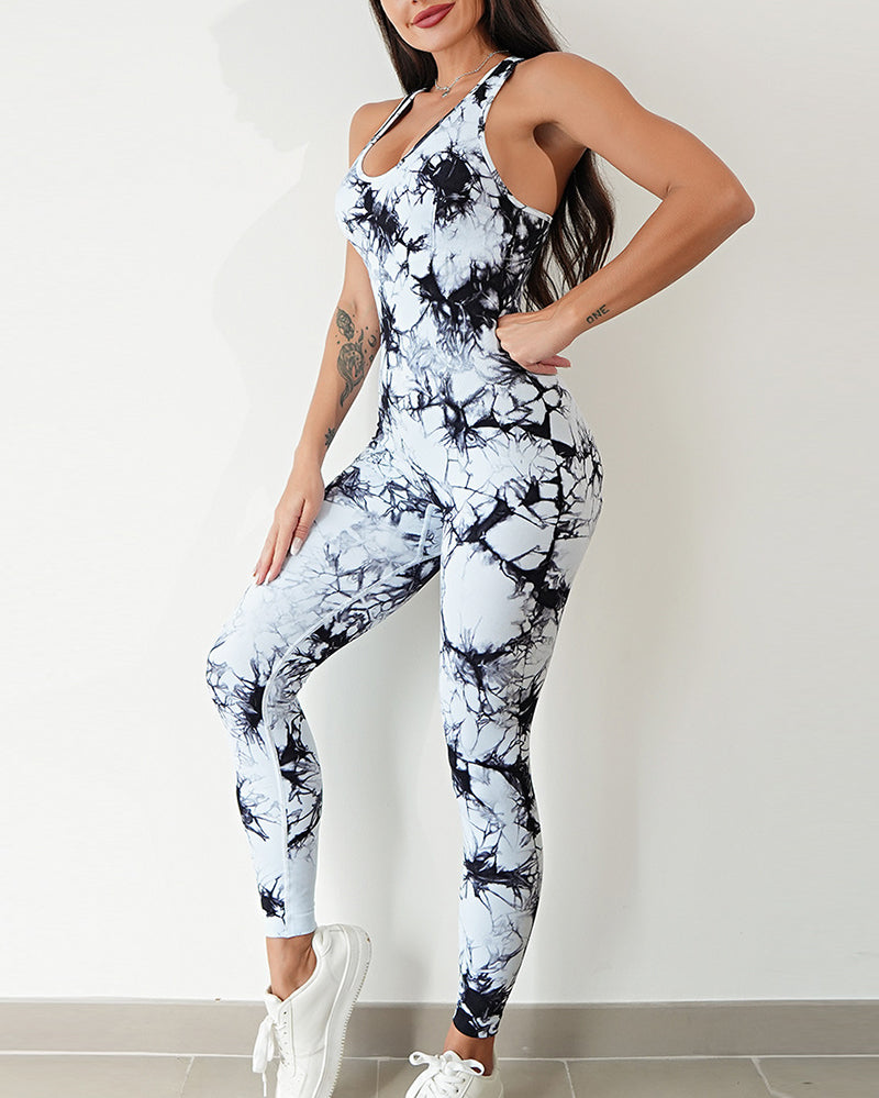 Factory Price Women Vest Slim Sports Fitness Tie-dye Yoga Jumpsuit S-L