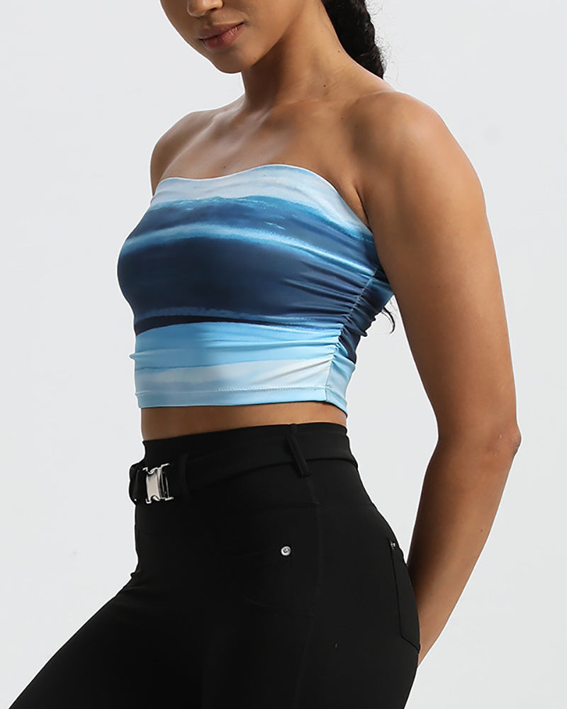 Colorblock Printed Summer Strapless Fitness Sports Tube Top Blue Red S-L