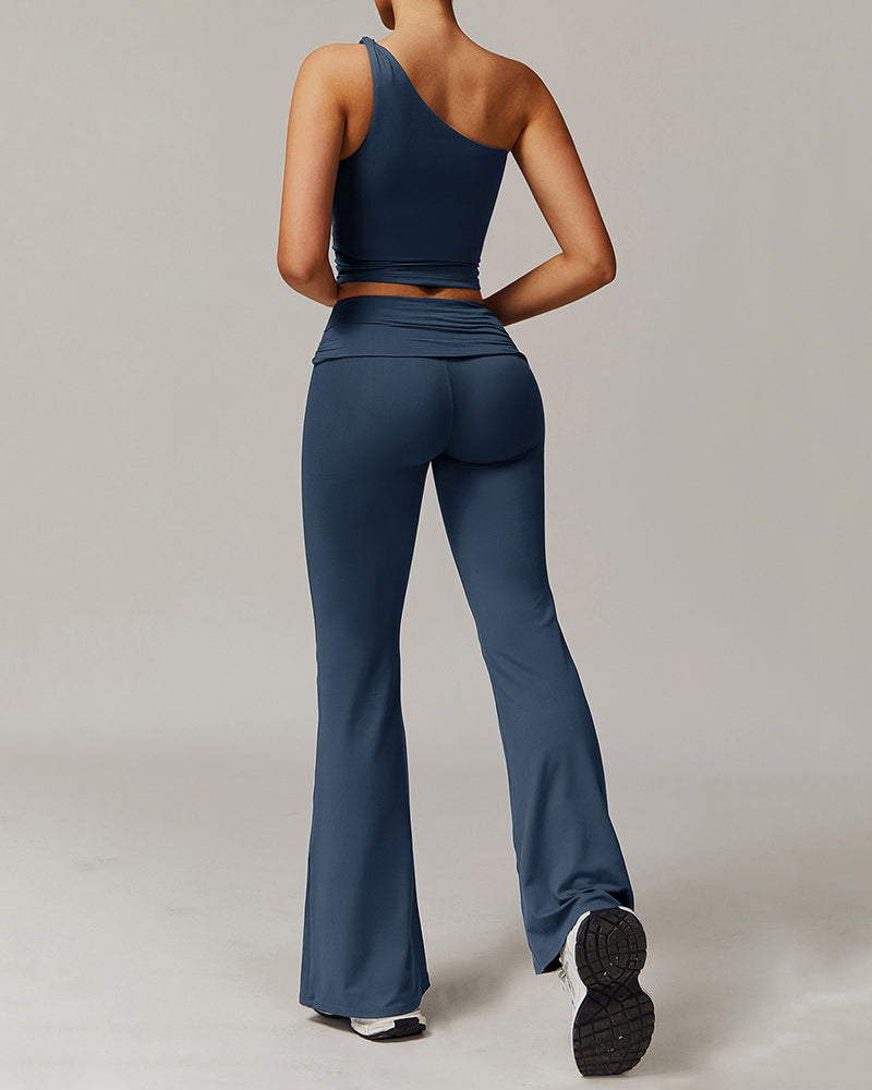 Women OEM Customize LOGO Slash Neck Vest Fold Waist Wide Leg Pants Sports Two Piece Sets S-XL