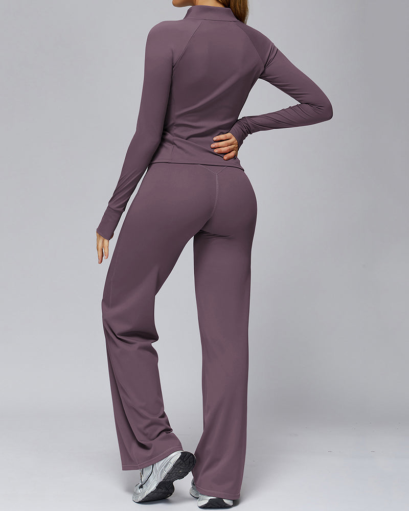 Women Long Sleeve Coat Wide Leg Pants Yoga Two-piece Sets S-XL