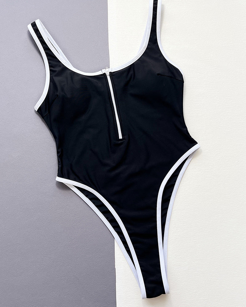 Black Women High Waist Sporty One Piece Swimsuit S-L