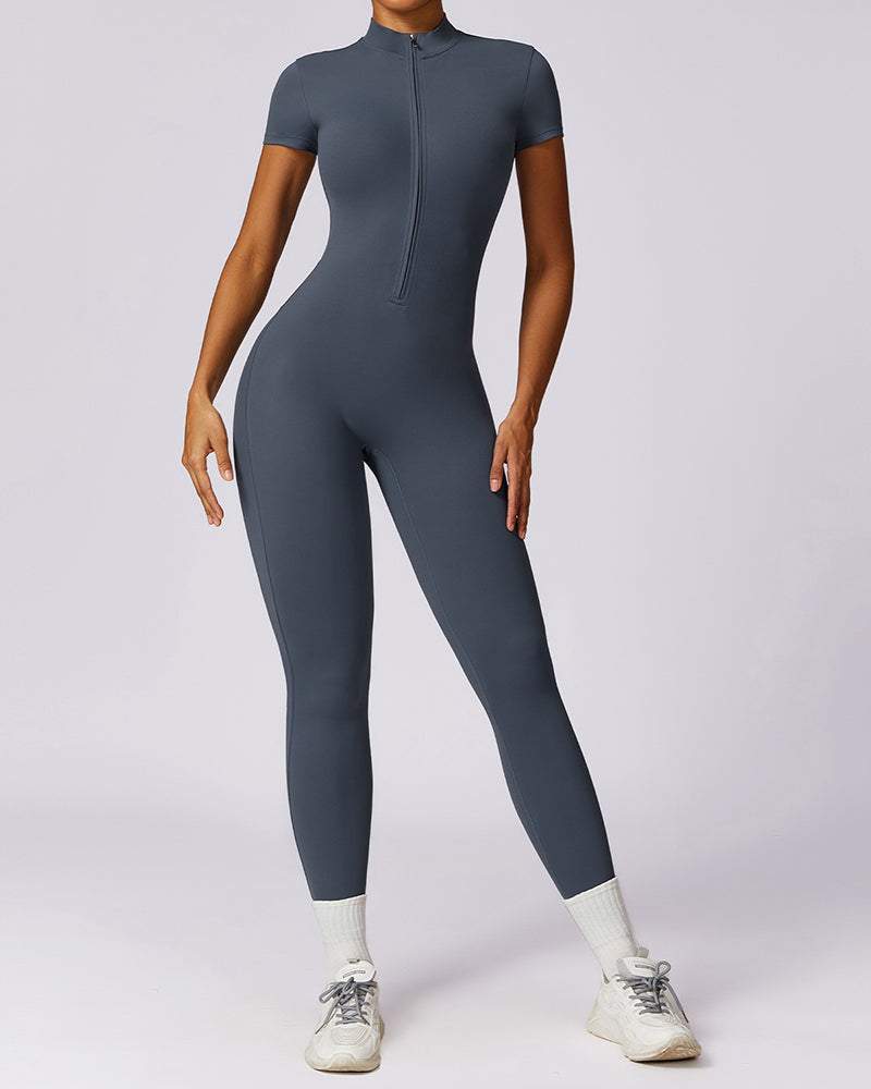 All-In-One Design Zipper Front Short Sleeve Slim Outside Wear Running Yoga Jumpsuit Black Blue Coffee Apricot S-XL