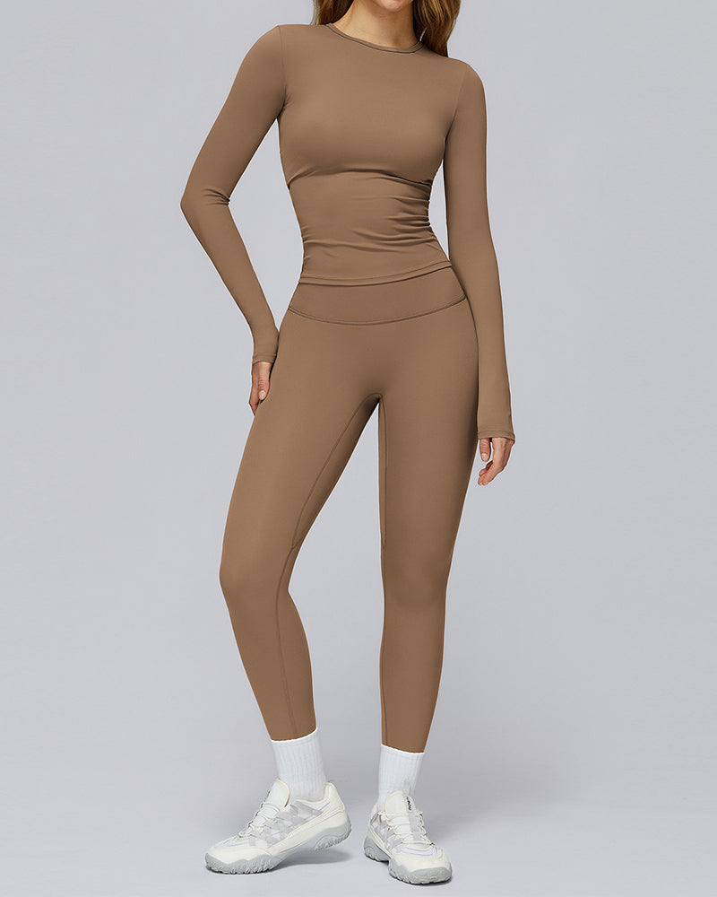 Women Long Sleeve Solid Color Sports Top High Waist Pants Yoga Two-piece Sets S-XL