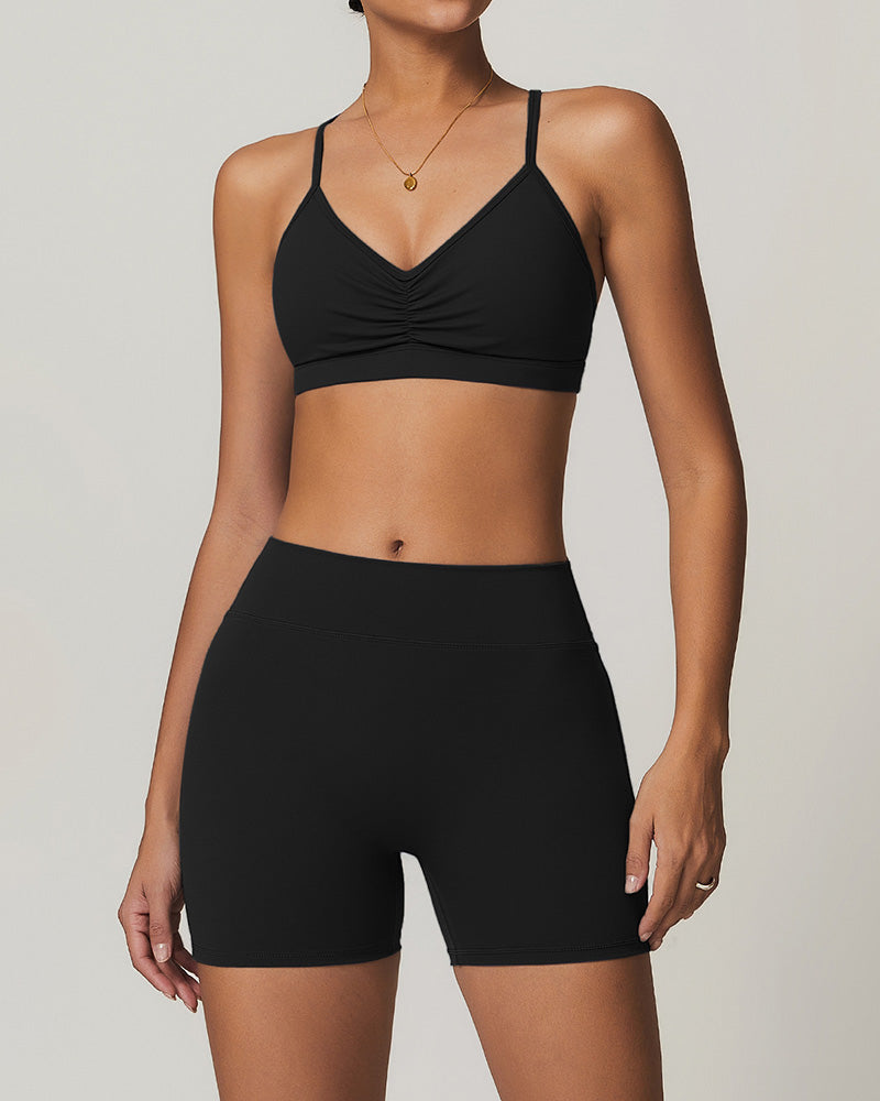 Wholesale OEM Running Sling Ruched Bra Yoga Two-piece Shorts Sets S-XL