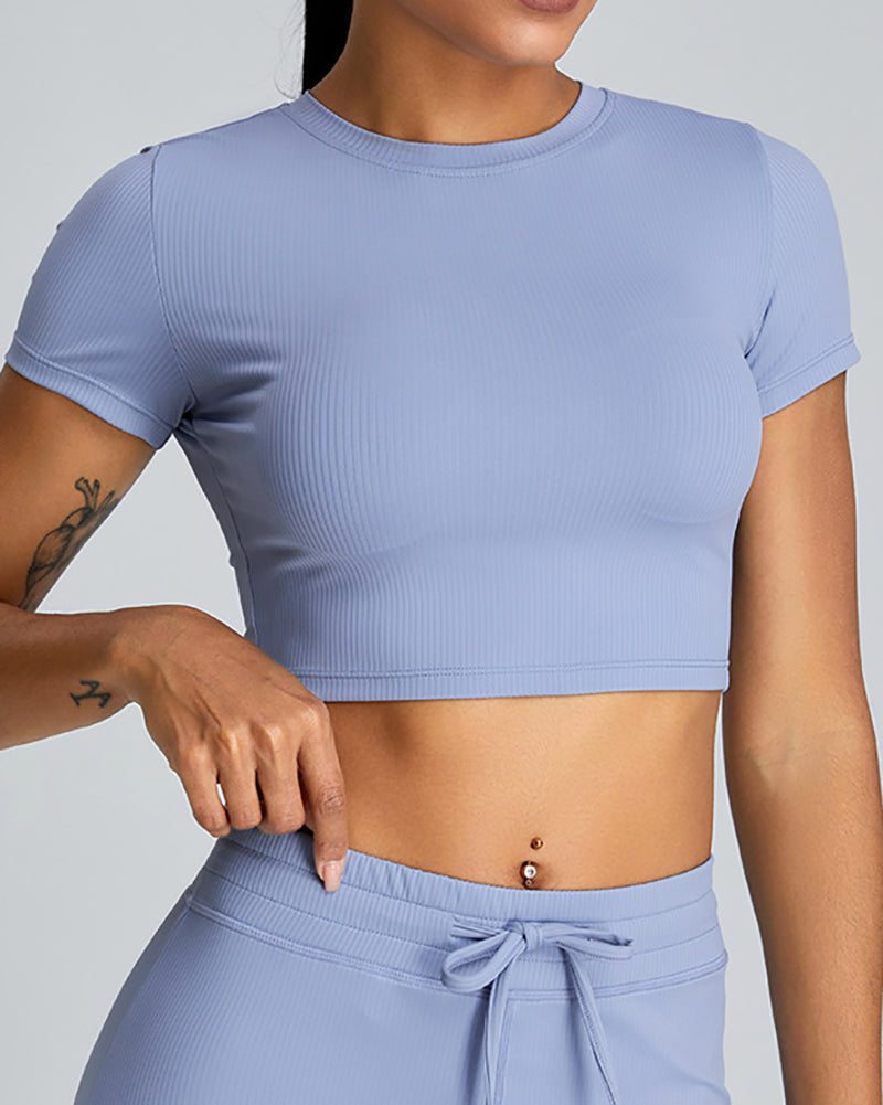 Slim O Neck Short Sleeve Crop Top Solid Color Wide Leg Sports Two Piece Set White Blue Pink Black S-XL