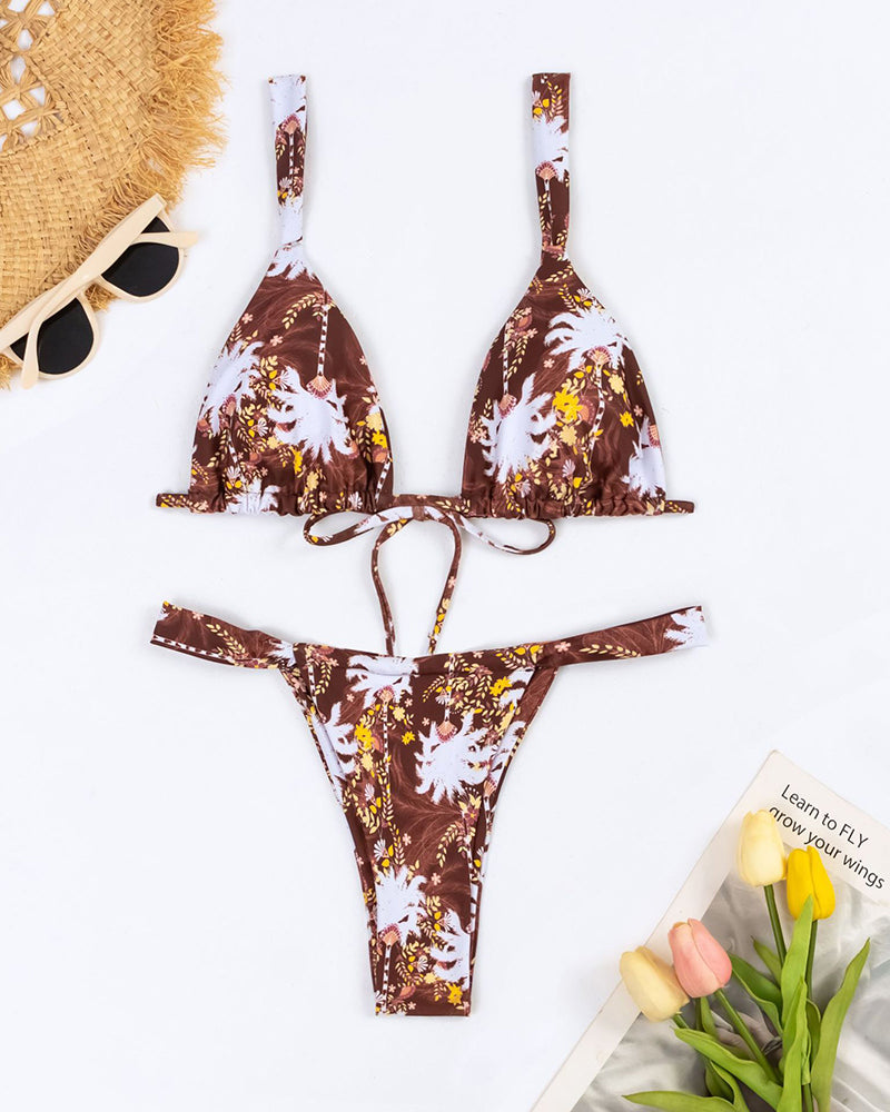 Florals Printed Bikini Strap Ruched V Neck Two-piece Swimsuit Brown Orange S-XL