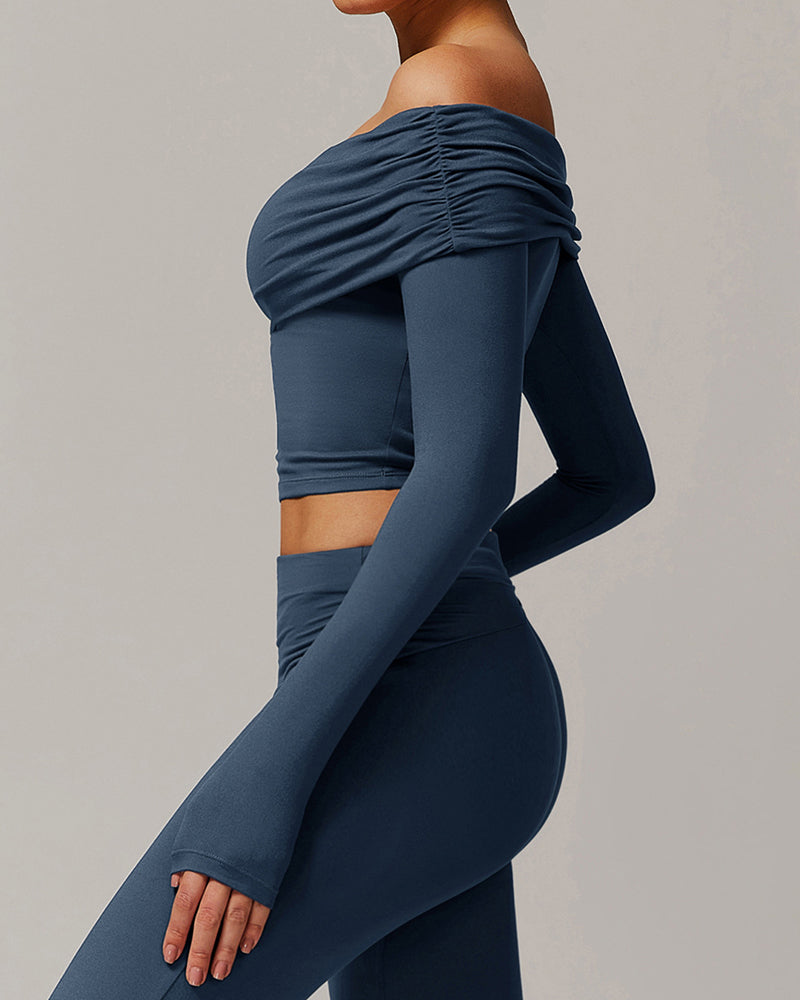 OEM Customized Women Long Sleeve Yoga Fold Off Shoulder Fitness Outdoor Wear Sports Running Top S-XL