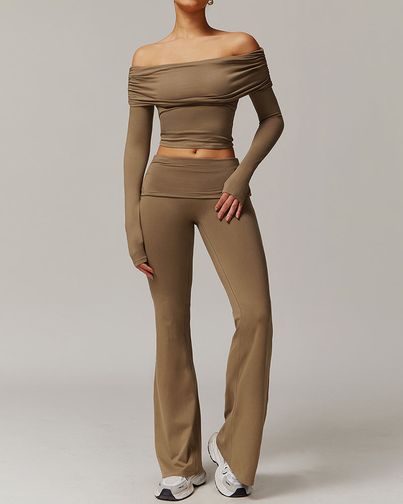 OEM Women Long Sleeve Off Shouder T-shirts Fold Waist Wide Leg Pants Sports Yoga Two-piece Sets S-XL