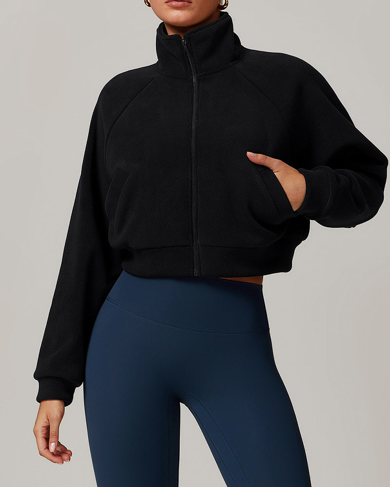 Women Long Sleeve Stand Collar Fitness Sports Warm Fleece Jacket Coat S-XL