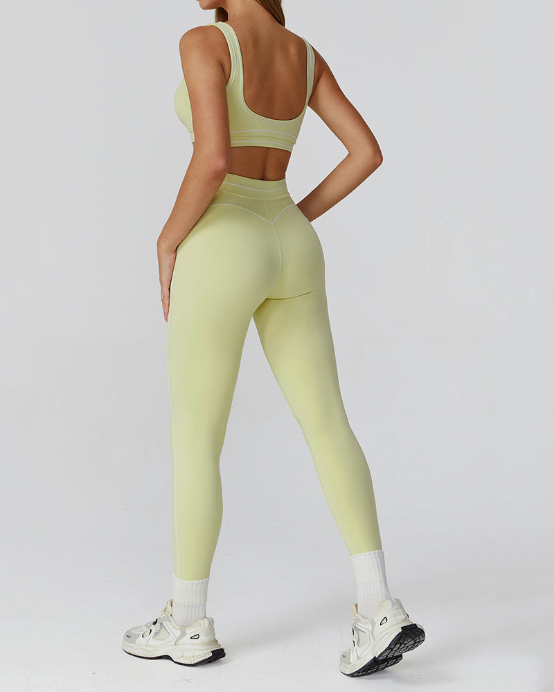 Women Logo Add Colorblock U Neck Bra Sports Leggings Two Piece Sets Black Red Brown Green Blue S-XL