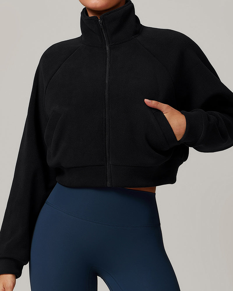 Women Long Sleeve Stand Collar Fitness Sports Warm Fleece Jacket Coat S-XL