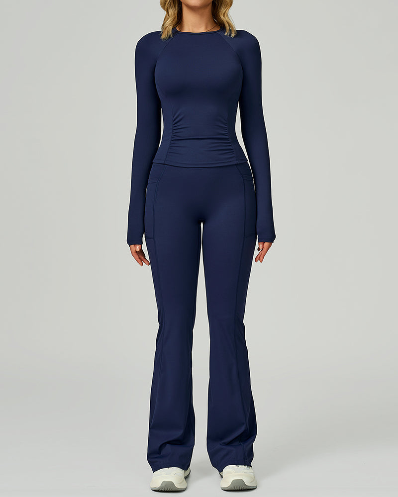 Women GYM Long Sleeve Slim T-shirt Running Wide Leg Pants Yoga Two-piece Sets S-XL