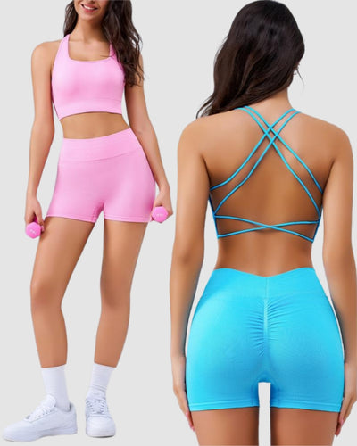 Women Back Criss Cross Hips Lift Yoga Two-piece Short Sets S-L