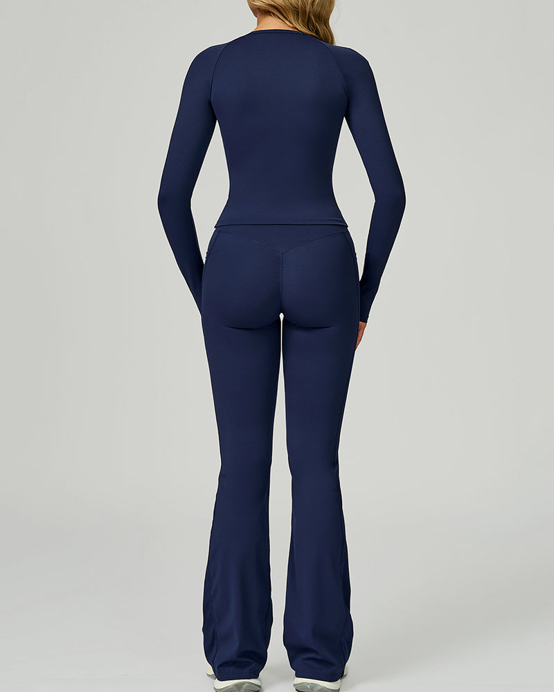 Women GYM Long Sleeve Slim T-shirt Running Wide Leg Pants Yoga Two-piece Sets S-XL