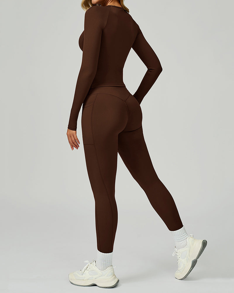 Women Add Logo Long Sleeve GYM Slim T-shirt High Waist Leggings Yoga Two-piece Sets S-XL