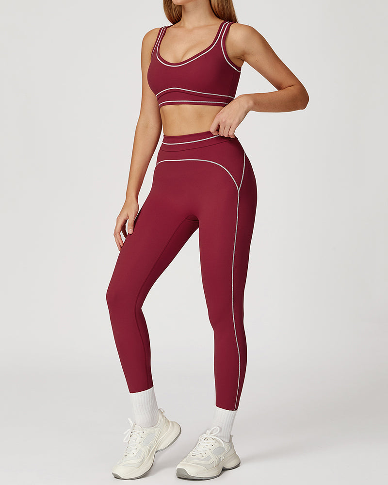 Women Logo Add Colorblock U Neck Bra Sports Leggings Two Piece Sets Black Red Brown Green Blue S-XL