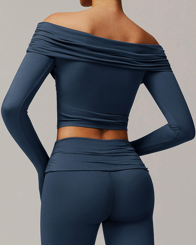 OEM Customized Women Long Sleeve Yoga Fold Off Shoulder Fitness Outdoor Wear Sports Running Top S-XL