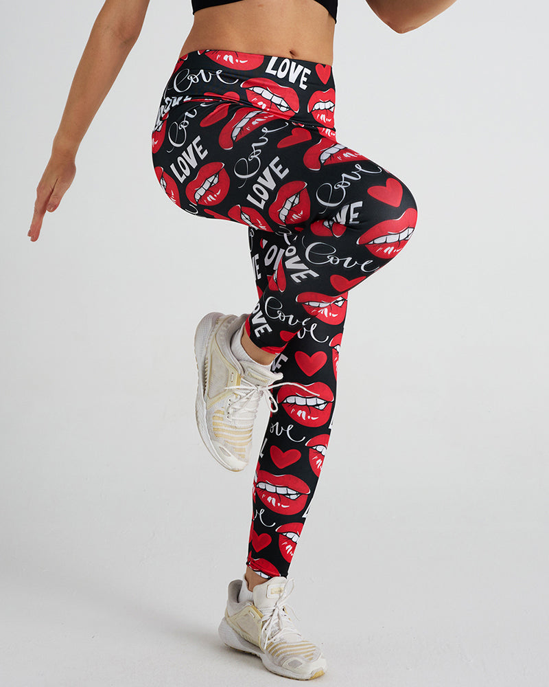 Love Sexy Lips Print Sports Women Pants Red S-2XL