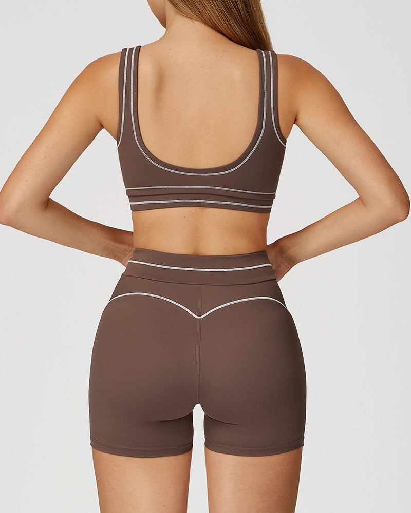 Women Colorblock U Neck Bra Shorts Fitness Yoga Two-piece Sets S-XL