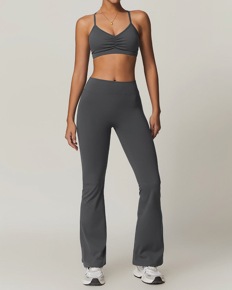 Women Sling Ruched Sports Bra High Waist Flare Pants Yoga Two-piece Sets S-XL