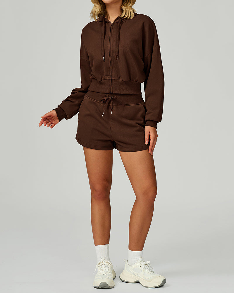 Women Long Sleeve Hoodies GYM Coat Fitness Shorts S-XL