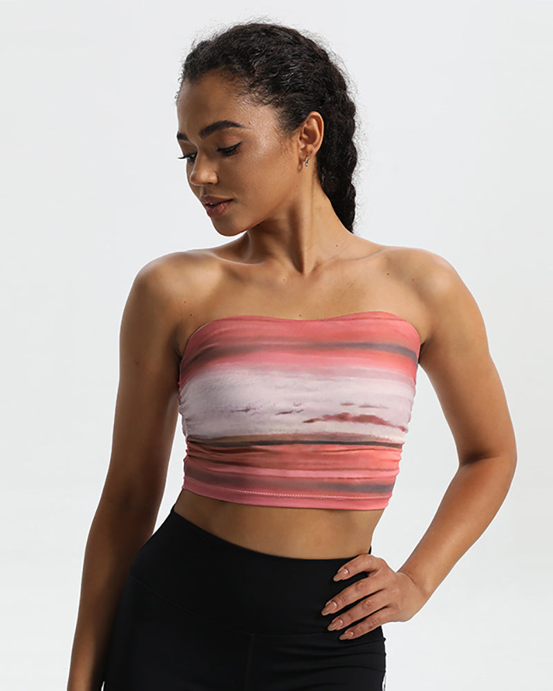 Colorblock Printed Summer Strapless Fitness Sports Tube Top Blue Red S-L