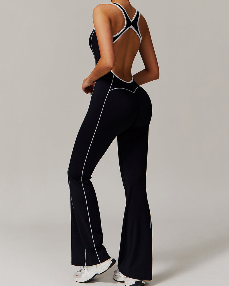 LOGO Add Women Fashion Colorblock Hollow Out Back Dance Wide Leg Jumpsuit S-XL