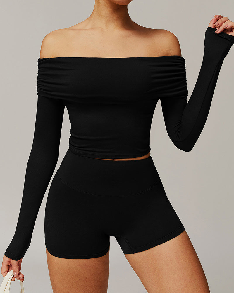 OEM Customized Women Long Sleeve Yoga Fold Off Shoulder Fitness Outdoor Wear Sports Running Top S-XL