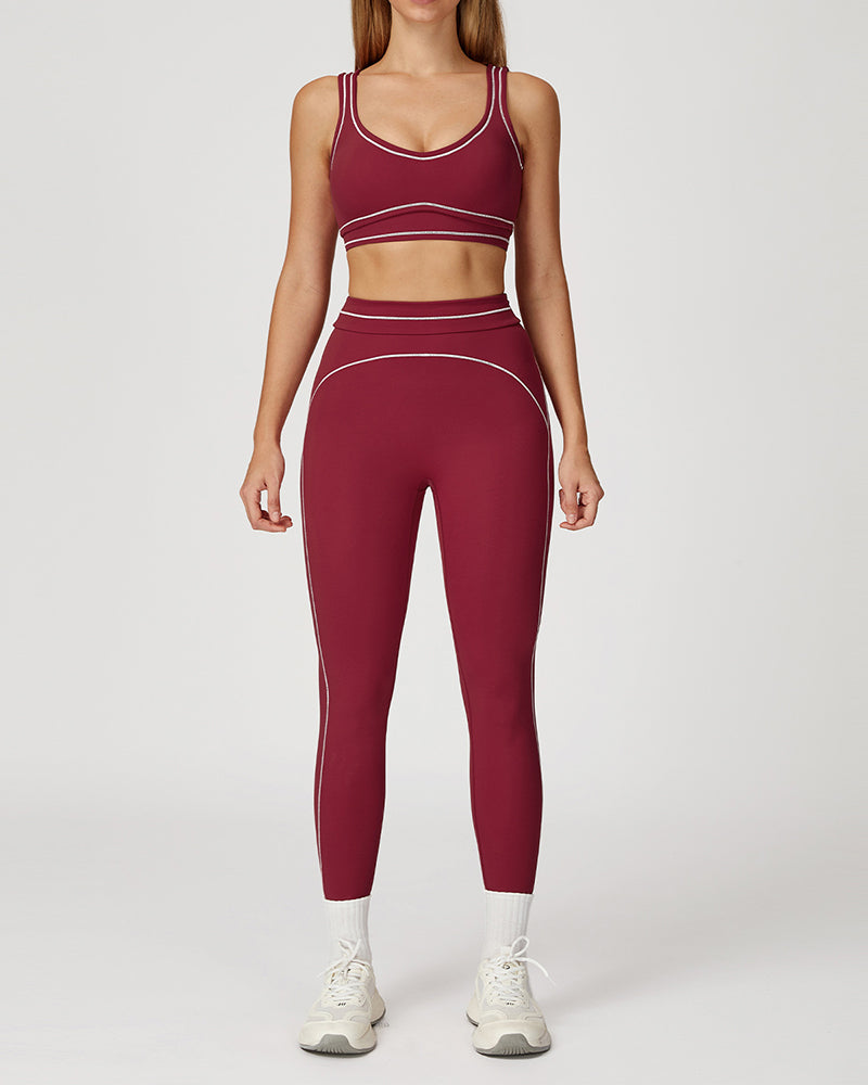 Women Logo Add Colorblock U Neck Bra Sports Leggings Two Piece Sets Black Red Brown Green Blue S-XL