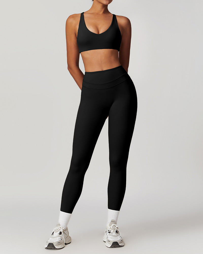 Women OEM V Neck Criss Cross Sports Bra High Waist Leggings Pants Running Sets S-XL