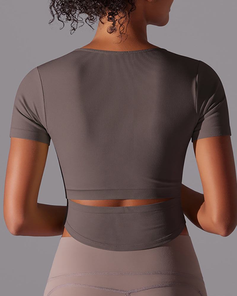 Women Breathable Short Sleeve Running U Neck Sports Crop Top T-shirt S-L