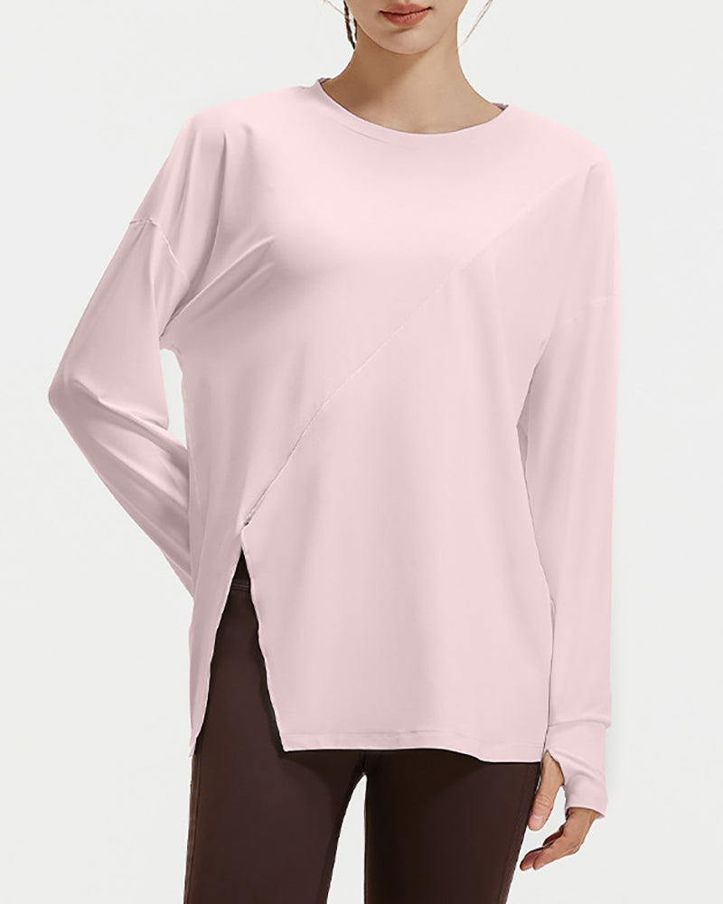 Women Long Sleeve O Neck Slide Slit Sports T-shirt S-2XL