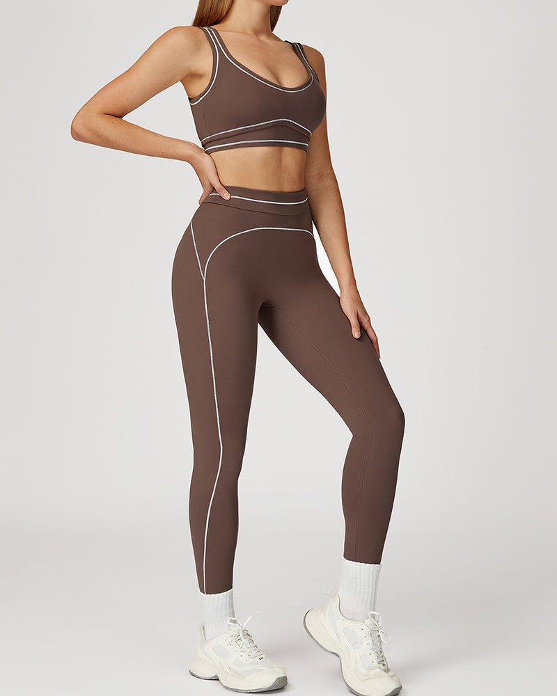 Women Logo Add Colorblock U Neck Bra Sports Leggings Two Piece Sets Black Red Brown Green Blue S-XL