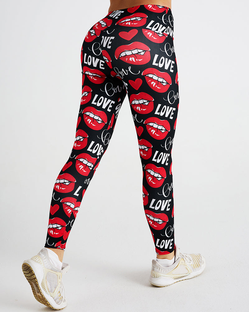 Love Sexy Lips Print Sports Women Pants Red S-2XL