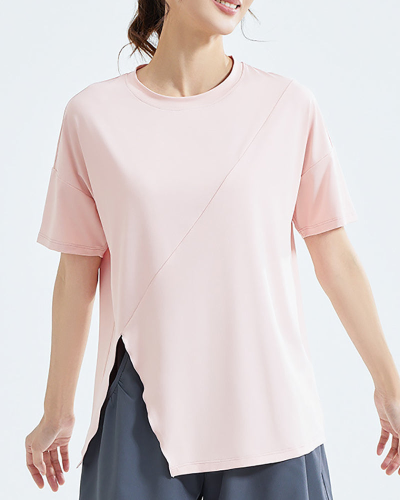 Wholesale Price Women Short Sleeve O-Neck Side Slit T-shirt S-2XL