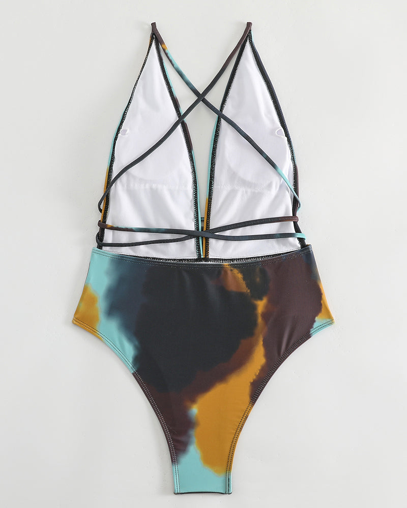 V-neck Tie Dye Women Printed One Piece Swimsuit S-L