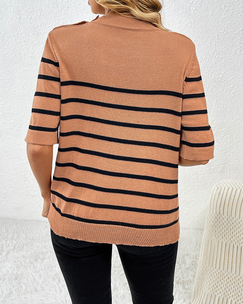 Buttoned Pullover Striped Fashionable Round Neck Short-Sleeved Women&