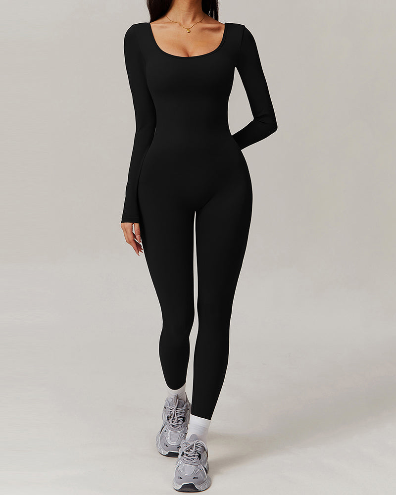 Wholesale Women U Neck Tight Running Long Sleeve Fitness Sports Jumpsuit S-XL