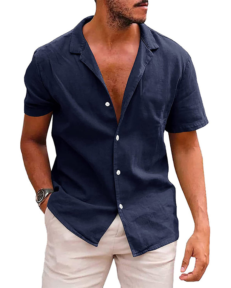 Summer Lapel Solid Color Short Sleeve Button Men&