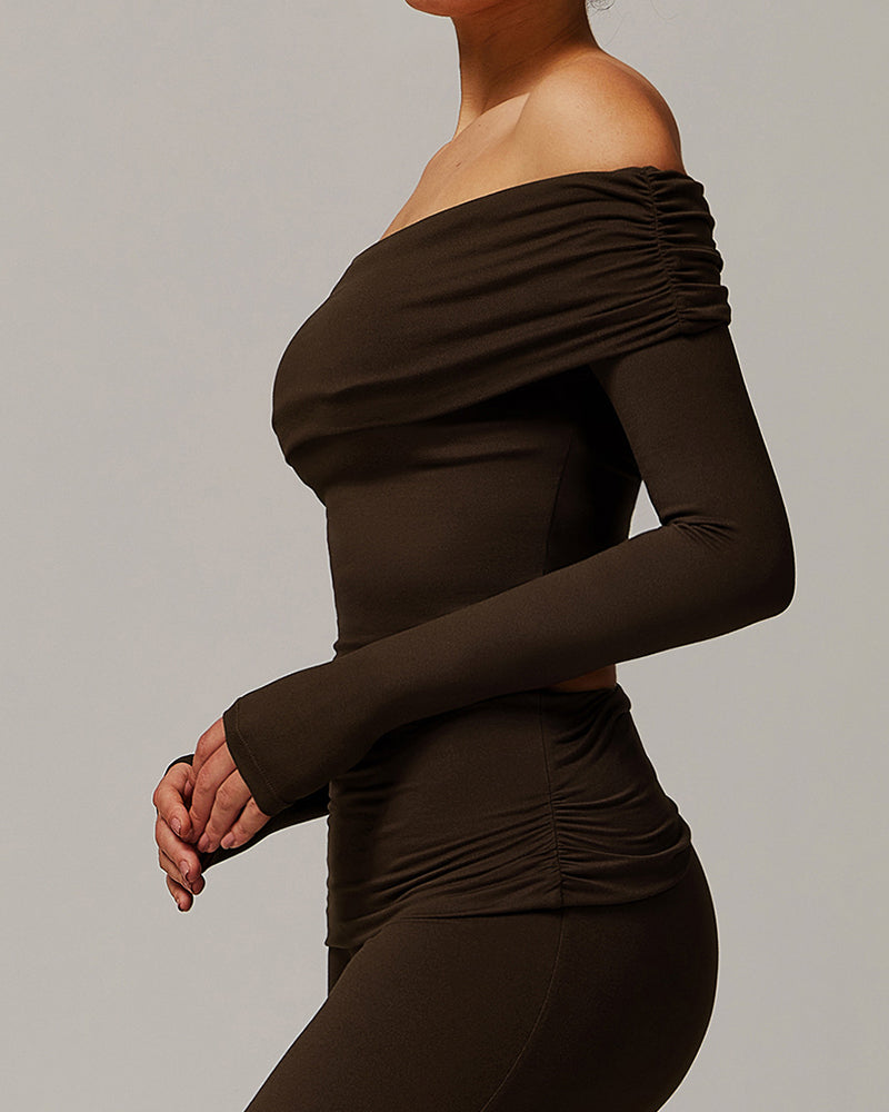OEM Customized Women Long Sleeve Yoga Fold Off Shoulder Fitness Outdoor Wear Sports Running Top S-XL