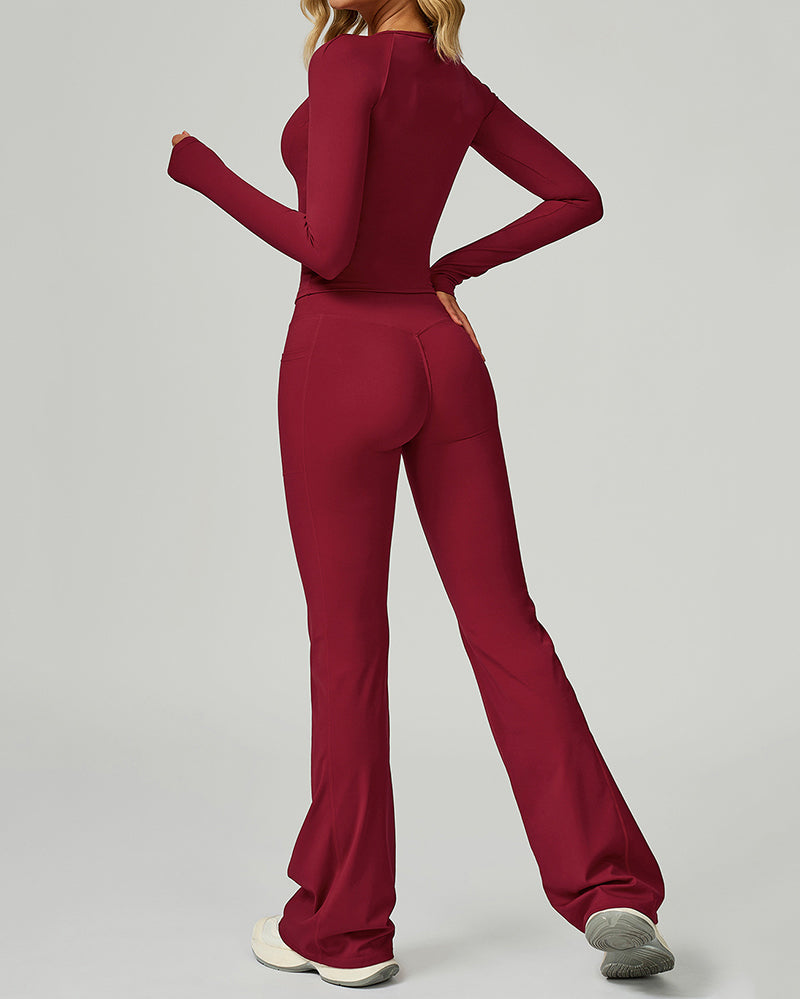 Women GYM Long Sleeve Slim T-shirt Running Wide Leg Pants Yoga Two-piece Sets S-XL