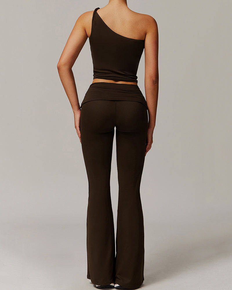 Women OEM Customize LOGO Slash Neck Vest Fold Waist Wide Leg Pants Sports Two Piece Sets S-XL